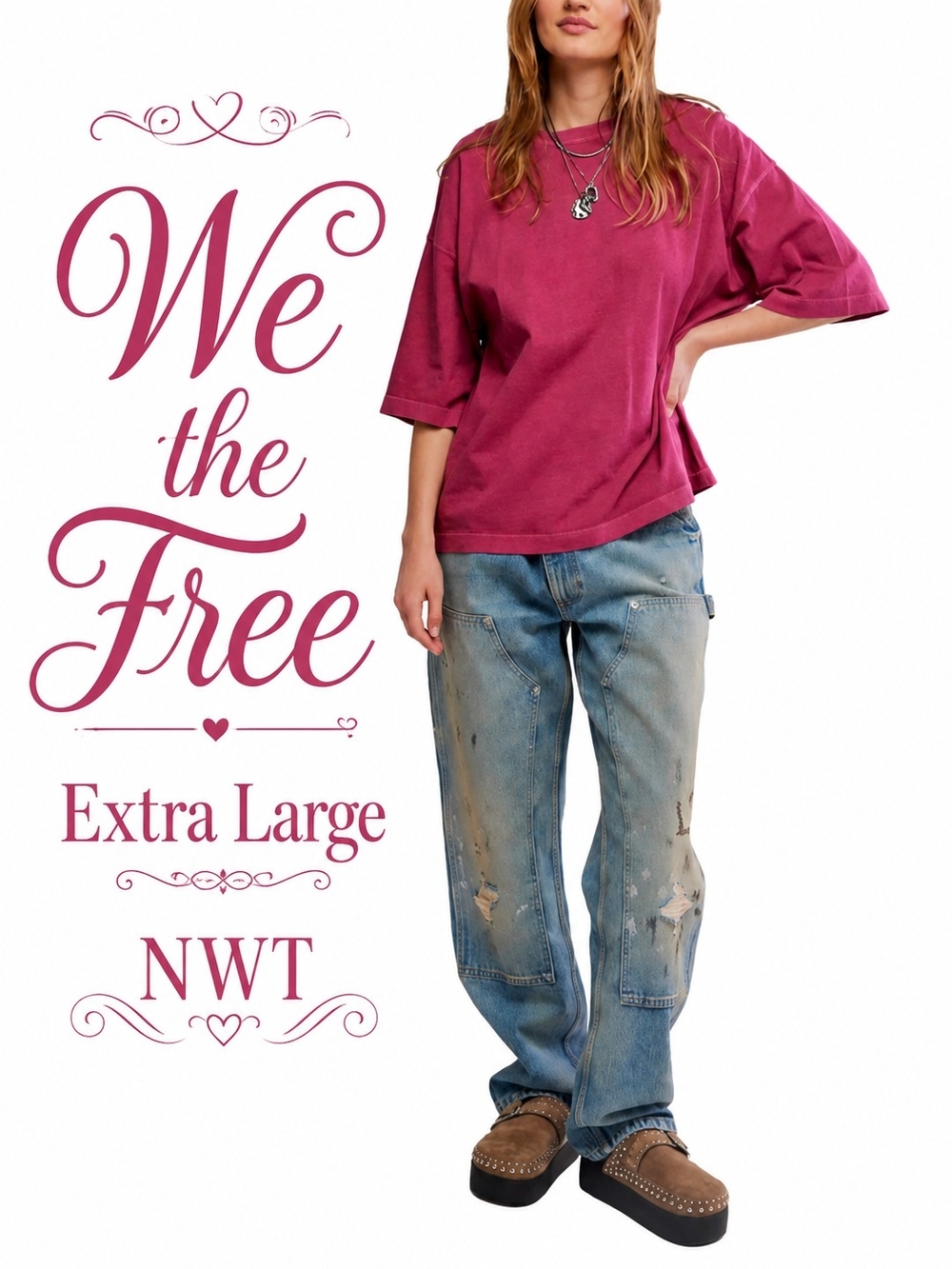 Free People We The Free Perfect Oversized Tee XL Glass Roses Pink NWT Boho